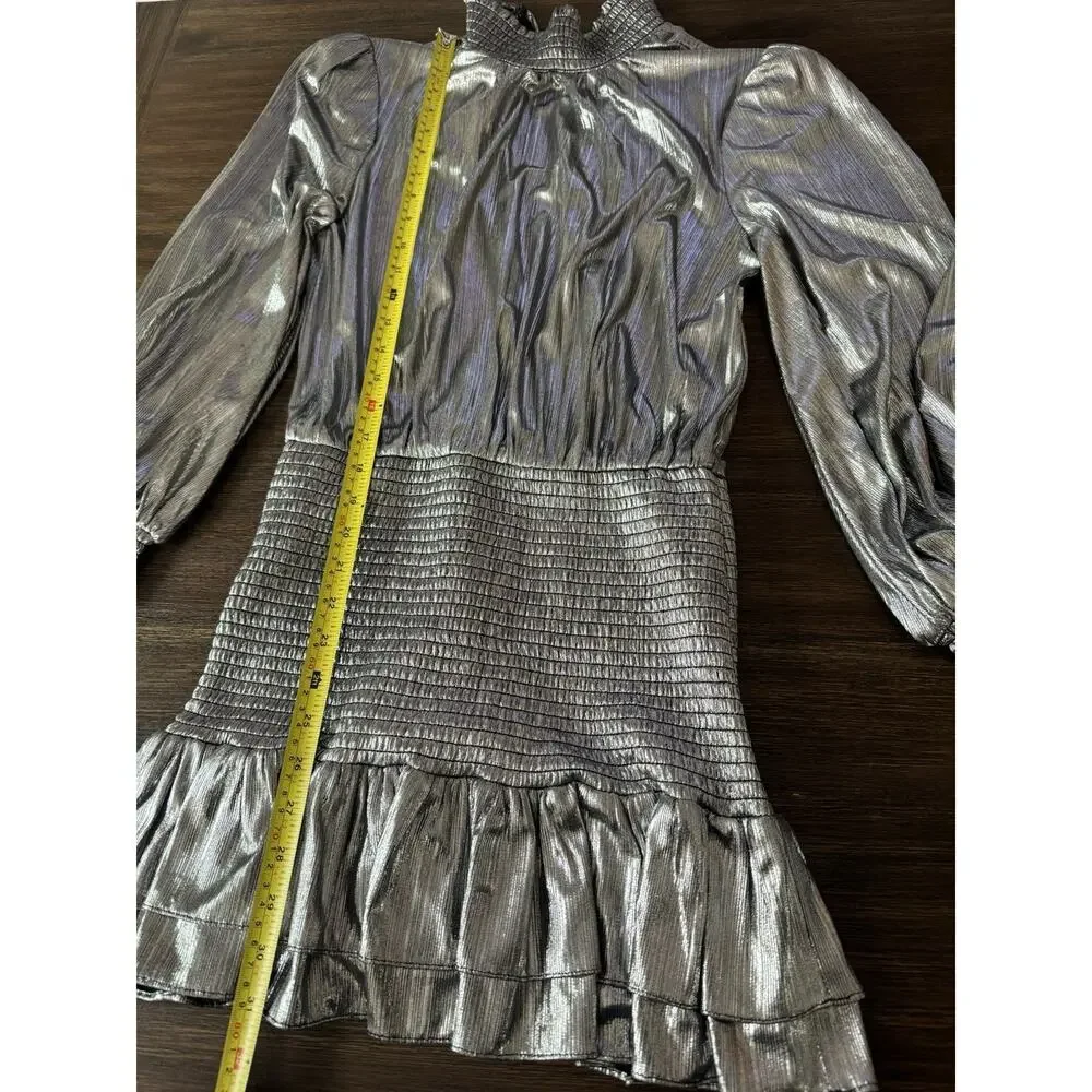 Retrofete Mini Dress Smocked Silver/Gunmetal XS Ruffle Metallic Party - Picture 7 of 12